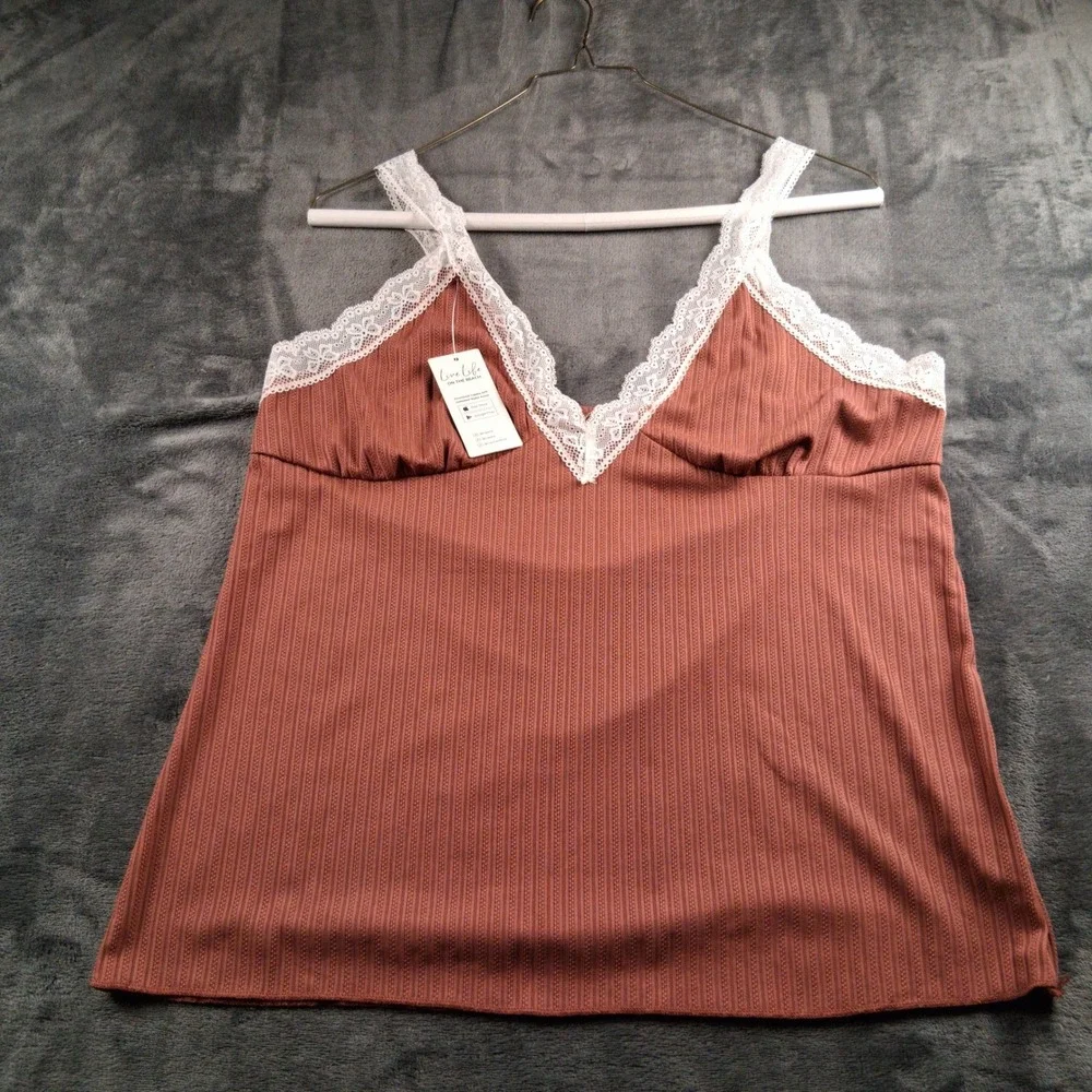 NWT Cupshe Pajama Set  XL Terracotta Ribbed Lace Trim Cami and Pants Loungewear